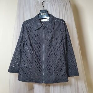 Bleu Bayou Black Eyelet Cottage Boho Full Zip Jacket Twee Feminine XL Cotton